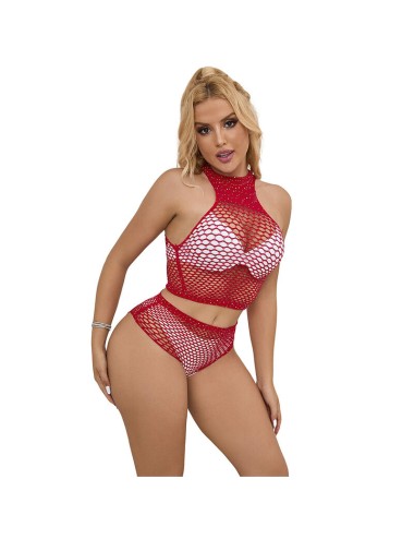 SUBBLIME - 952402 BODYSTOCKING FISHNET SET WITH PINK DIAMONDS ONE SIZE