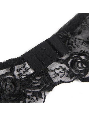 SUBBLIME - SET OF 3 PIECES BRA + THONG + GARTER FLORAL PRINT BLACK S/M