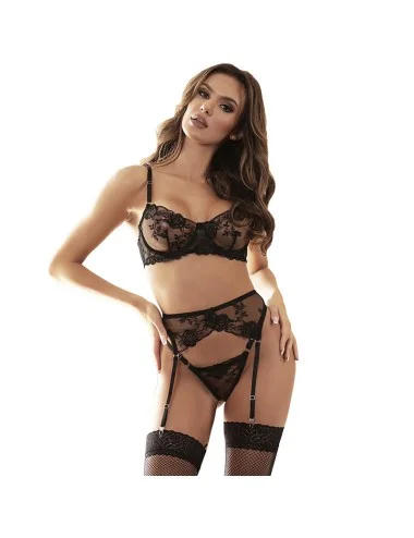 SUBBLIME - SET OF 3 PIECES BRA + THONG + GARTER FLORAL PRINT BLACK L/XL