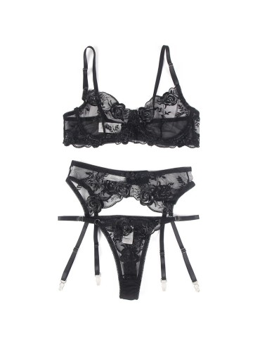 SUBBLIME - SET OF 3 PIECES BRA + THONG + GARTER FLORAL PRINT BLACK L/XL