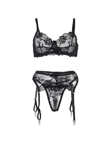 SUBBLIME - SET OF 3 PIECES BRA + THONG + GARTER FLORAL PRINT BLACK L/XL