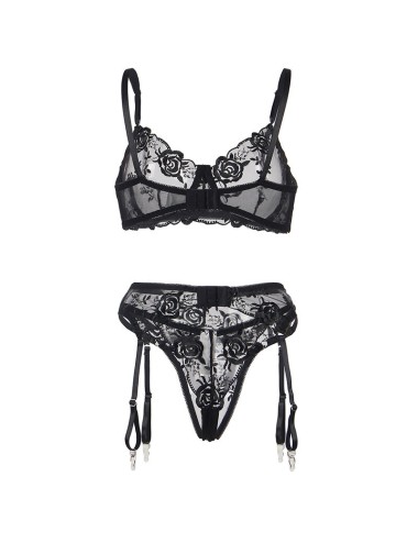 SUBBLIME - SET OF 3 PIECES BRA + THONG + GARTER FLORAL PRINT BLACK L/XL