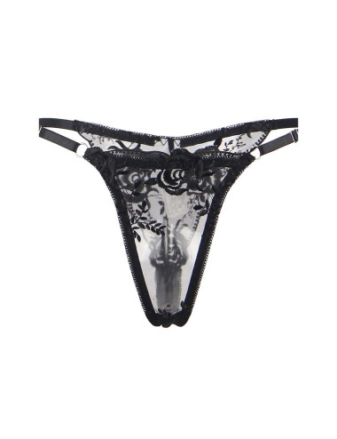 SUBBLIME - SET OF 3 PIECES BRA + THONG + GARTER FLORAL PRINT BLACK L/XL