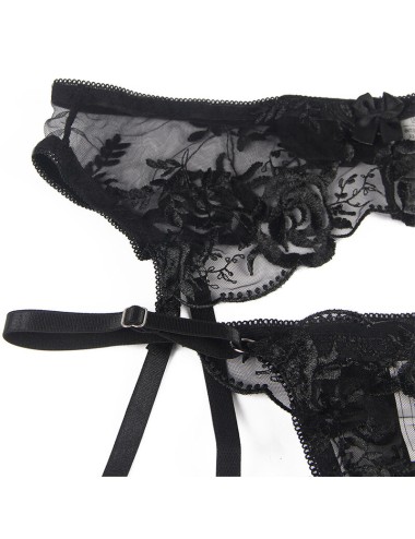 SUBBLIME - SET OF 3 PIECES BRA + THONG + GARTER FLORAL PRINT BLACK L/XL