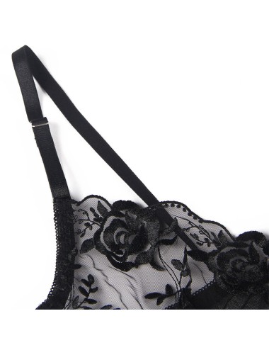 SUBBLIME - SET OF 3 PIECES BRA + THONG + GARTER FLORAL PRINT BLACK L/XL