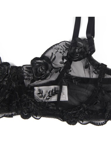 SUBBLIME - SET OF 3 PIECES BRA + THONG + GARTER FLORAL PRINT BLACK L/XL