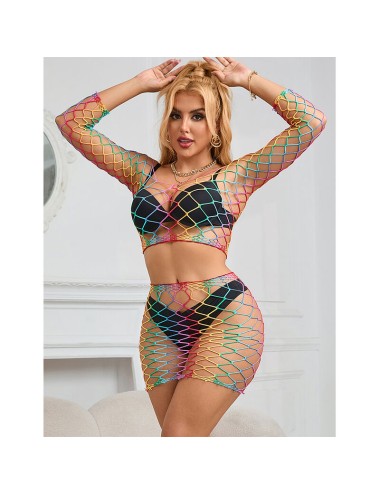 SUBBLIME - 952440 2-PIECE FISHNET BODYSTOCKING LONG SLEEVE RAINBOW ONE SIZE