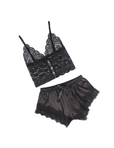 SUBBLIME - 953935 CASUAL SILK NIGHTGOWN + LACE PANTS BLACK S/M