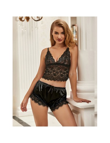 SUBBLIME - 953935 CASUAL SILK NIGHTGOWN + LACE PANTS BLACK S/M
