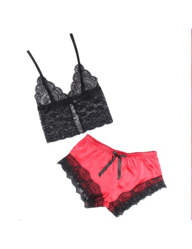 SUBBLIME - 953959 CASUAL SILK NIGHTGOWN + LACE PANTS BLACK/RED S/M