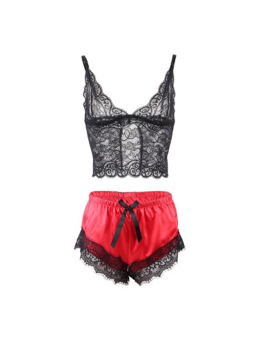 SUBBLIME - 953966 CASUAL SILK NIGHTGOWN + LACE PANTS BLACK/RED L/XL