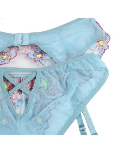 SUBBLIME - 954109 BRA + PANTIES WITH GARTER BELT FLORAL DESIGN BLUE S/M