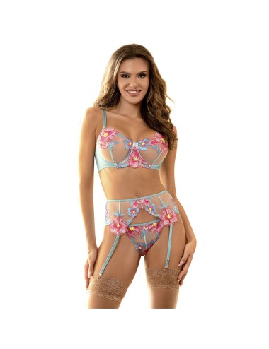 SUBBLIME - 954116 BRA + PANTIES WITH GARTER BELT FLORAL DESIGN BLUE L/XL