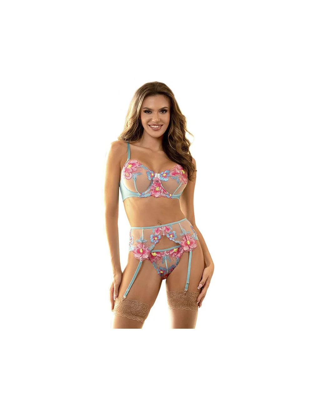 SUBBLIME - 954116 BRA + PANTIES WITH GARTER BELT FLORAL DESIGN BLUE L/XL SUBBLIME - 954116 BRA + PANTIES WITH GARTER BELT FLORAL DESIGN BLUE L/XL
