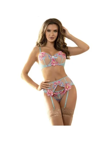 SUBBLIME - 954116 BRA + PANTIES WITH GARTER BELT FLORAL DESIGN BLUE L/XL