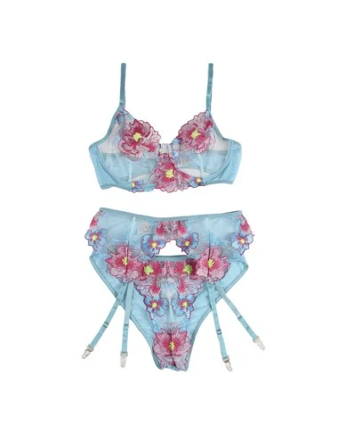 SUBBLIME - 954116 BRA + PANTIES WITH GARTER BELT FLORAL DESIGN BLUE L/XL