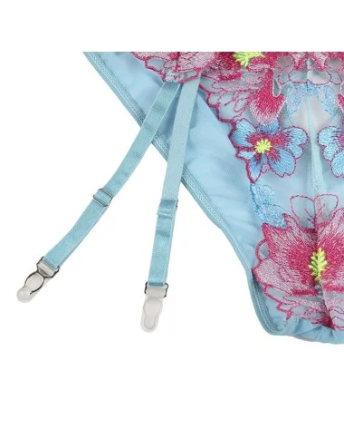 SUBBLIME - 954116 BRA + PANTIES WITH GARTER BELT FLORAL DESIGN BLUE L/XL
