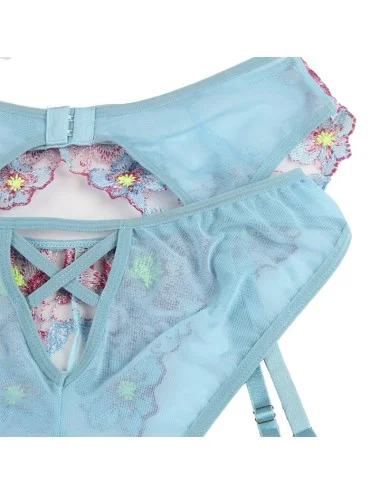 SUBBLIME - 954116 BRA + PANTIES WITH GARTER BELT FLORAL DESIGN BLUE L/XL