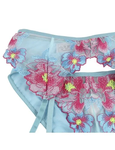 SUBBLIME - 954116 BRA + PANTIES WITH GARTER BELT FLORAL DESIGN BLUE L/XL