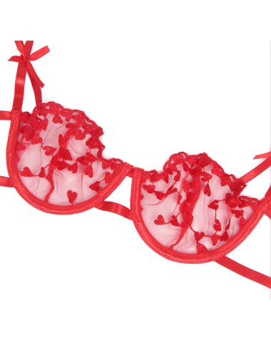 SUBBLIME - 954321 HEART PRINT BRA + THONG + GARTER BELT RED S/M