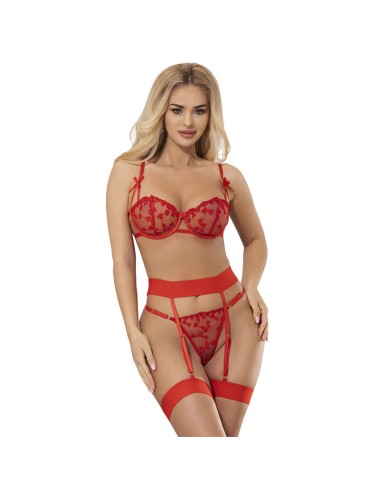 SUBBLIME - 954338 HEART PRINT BRA + THONG + GARTER BELT RED L/XL