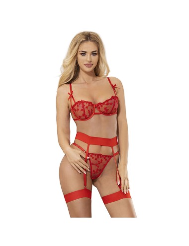 SUBBLIME - 954338 HEART PRINT BRA + THONG + GARTER BELT RED L/XL