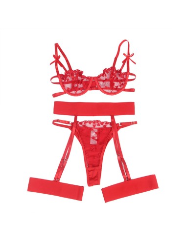 SUBBLIME - 954338 HEART PRINT BRA + THONG + GARTER BELT RED L/XL