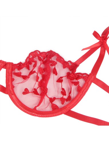 SUBBLIME - 954338 HEART PRINT BRA + THONG + GARTER BELT RED L/XL
