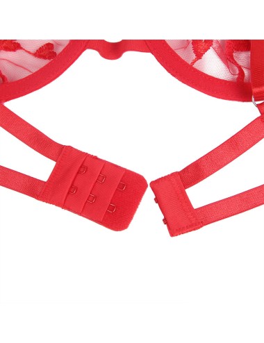 SUBBLIME - 954338 HEART PRINT BRA + THONG + GARTER BELT RED L/XL