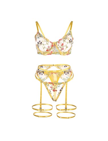 SUBBLIME - 954345 BRA + THONG + GARTER BELT FLORAL DESIGN YELLOW S/M