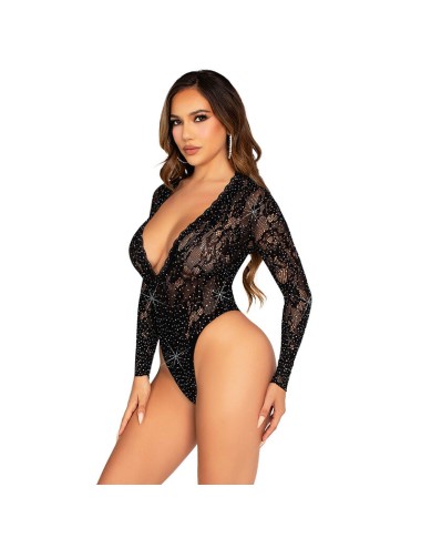 LEG AVENUE - LACE AND LONG SLEEVE BODY WITH DIAMONDS BLACK ONE SIZE