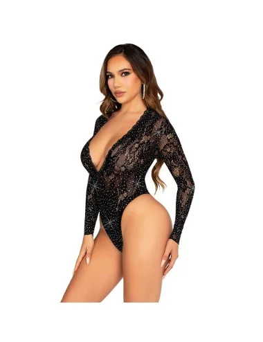 LEG AVENUE - LACE AND LONG SLEEVE BODY WITH DIAMONDS BLACK ONE SIZE