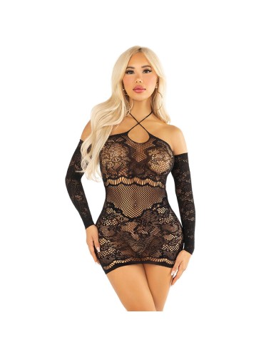 LEG AVENUE - OFF-SHOULDER LONG-SLEEVED MESH MINI DRESS BLACK