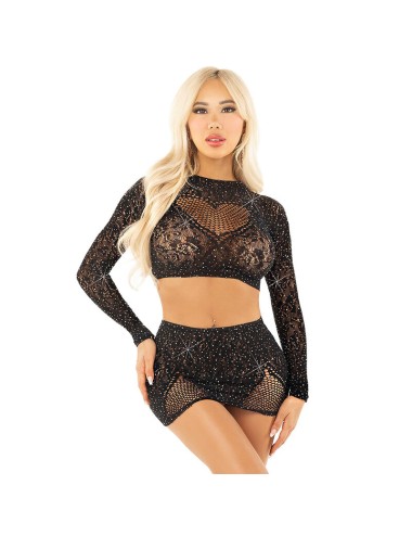 LEG AVENUE - SHINY NET CROP + MINI SKIRT BLACK