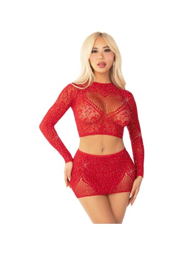LEG AVENUE - SHINY NET CROP + MINI SKIRT RED
