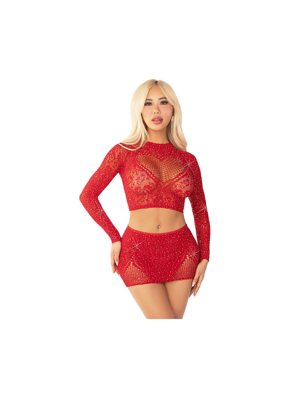 LEG AVENUE - SHINY NET CROP + MINI SKIRT RED