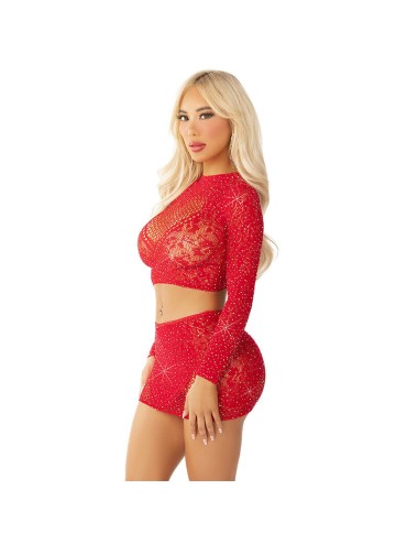 LEG AVENUE - SHINY NET CROP + MINI SKIRT RED