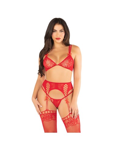 LEG AVENUE - BRA + THONG + STOCKINGS  RED ONE SIZE