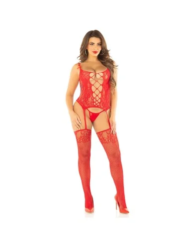 LEG AVENUE - CAMIGARTER + STOCKINGS + THONG RED ONE SIZE
