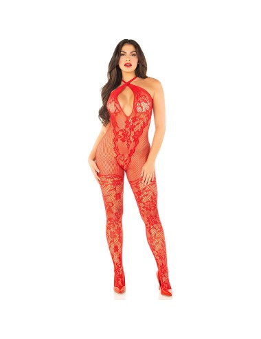 LEG AVENUE - FLOWER PRINT MESH BODYSTOCKING RED ONE SIZE