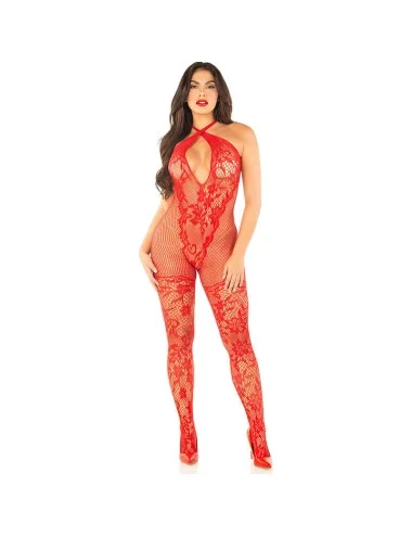 LEG AVENUE - FLOWER PRINT MESH BODYSTOCKING RED ONE SIZE