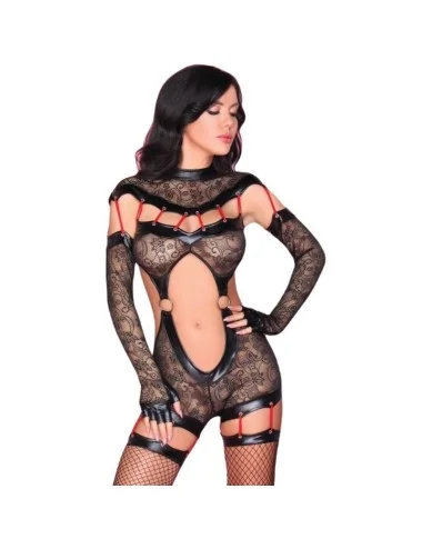 LIVCO CORSETTI FASHION - SAKURA CF 90357 JUMPSUIT + LONG GLOVES + GARTER BELT BLACK L/XL