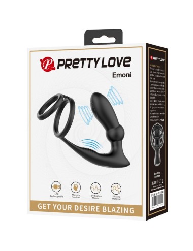 PRETTY LOVE - EMONI PENIS RING + ANAL PLUG 12 VIBRATIONS BLACK