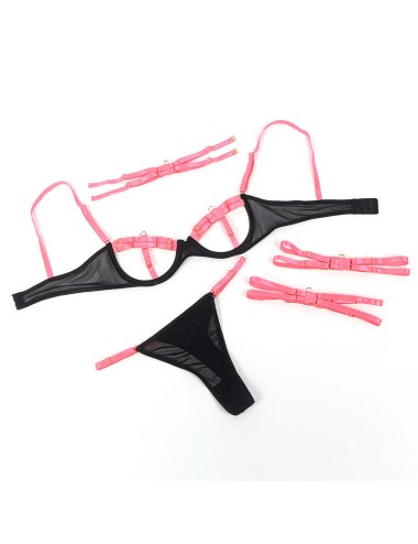 SUBBLIME - 955298 BRA SET WITH NECKLACE AND LEG DETAILS FLUORESCENT PINK S/M