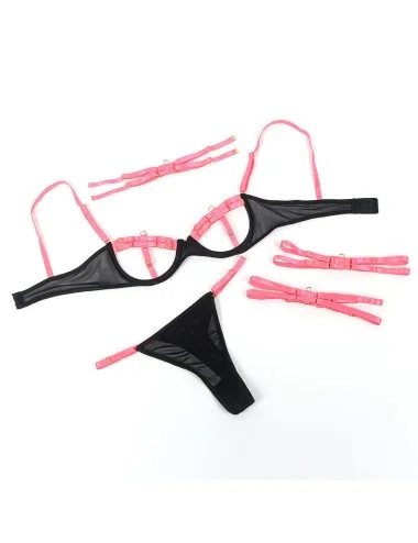 SUBBLIME - 955304 BRA SET WITH NECKLACE AND LEG DETAILS FLUORESCENT PINK L/XL
