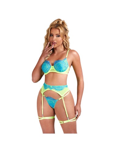 SUBBLIME - 955311 SET OF BRA WITH LACE AND GARTER LINES GREEN AND BLUE S/M