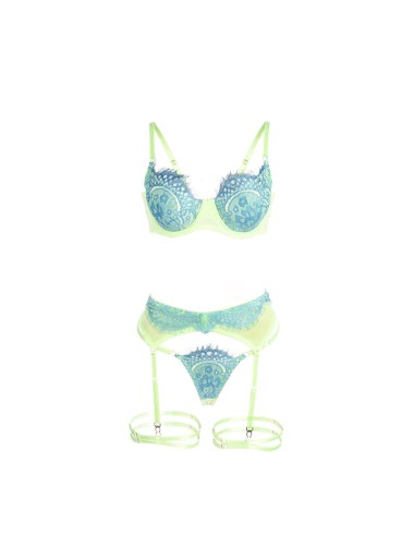 SUBBLIME - 955311 SET OF BRA WITH LACE AND GARTER LINES GREEN AND BLUE S/M