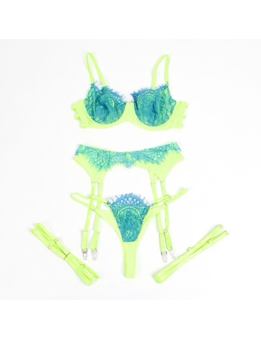 SUBBLIME - 955328 BRA SET WITH LACE AND GARTER LINES GREEN AND BLUE L/XL