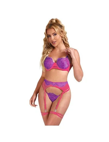 SUBBLIME - 955366 BRA SET WITH LACE AND GARTER LINES PINK AND PURPLE L/XL