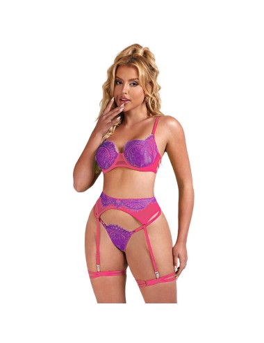 SUBBLIME - 955366 BRA SET WITH LACE AND GARTER LINES PINK AND PURPLE L/XL